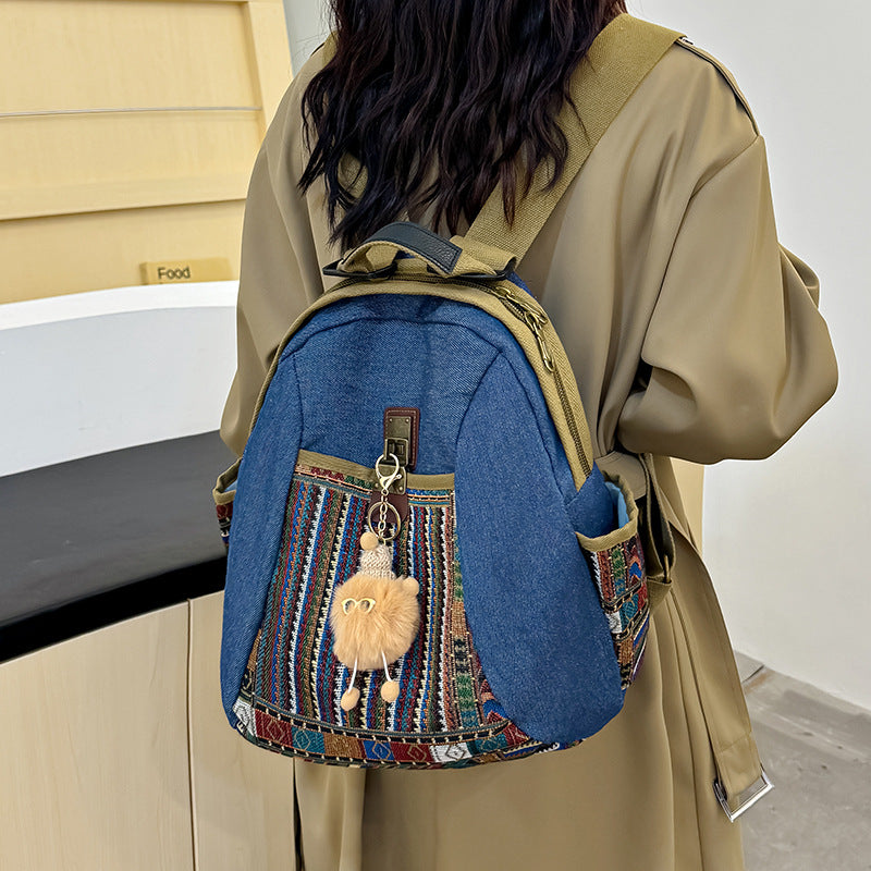 Vintage Denim Backpack with Boho Embroidery - Spacious Lightweight Daypack for Women - Casual Canvas Rucksack for Travel, School & Festivals (39cm Height)