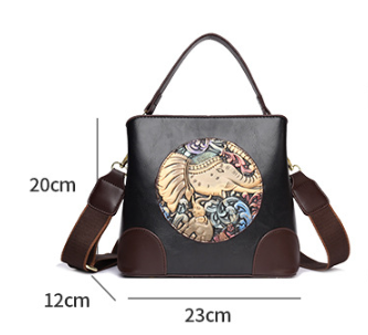 Black Vintage Ethnic Embossed Elephant Bucket Bag - Large Capacity PU Leather Handbag and Crossbody Shoulder Bag for Women - Retro Design 23x20cm