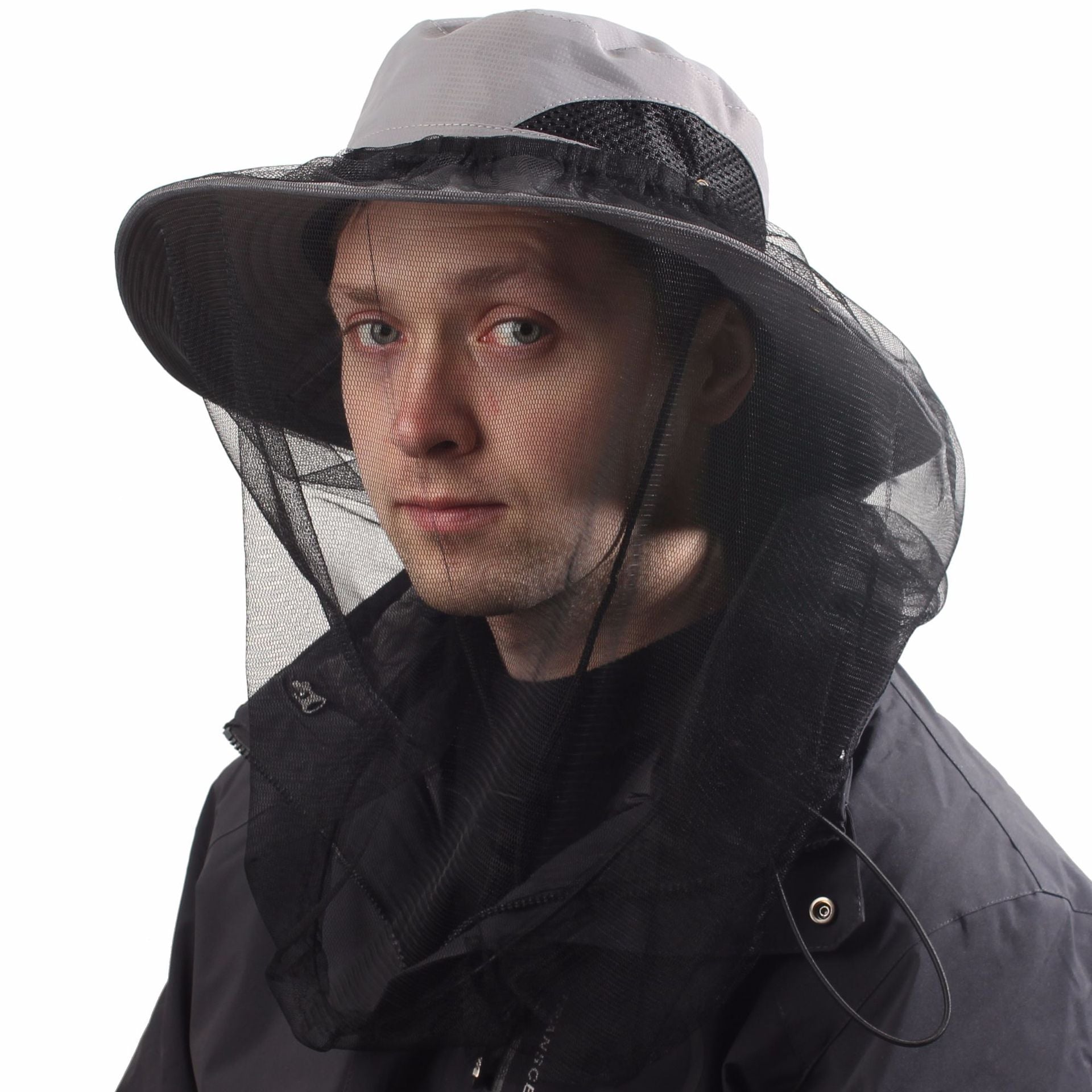 Light Grey Outdoor Mosquito Head Net Hat with 40cm Mesh Shield - Wide Brim Sun Protection Bucket Hat for Fishing and Hiking - Quick Dry Breathable Cap