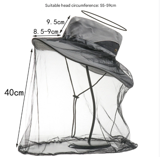 Light Grey Outdoor Mosquito Head Net Hat with 40cm Mesh Shield - Wide Brim Sun Protection Bucket Hat for Fishing and Hiking - Quick Dry Breathable Cap