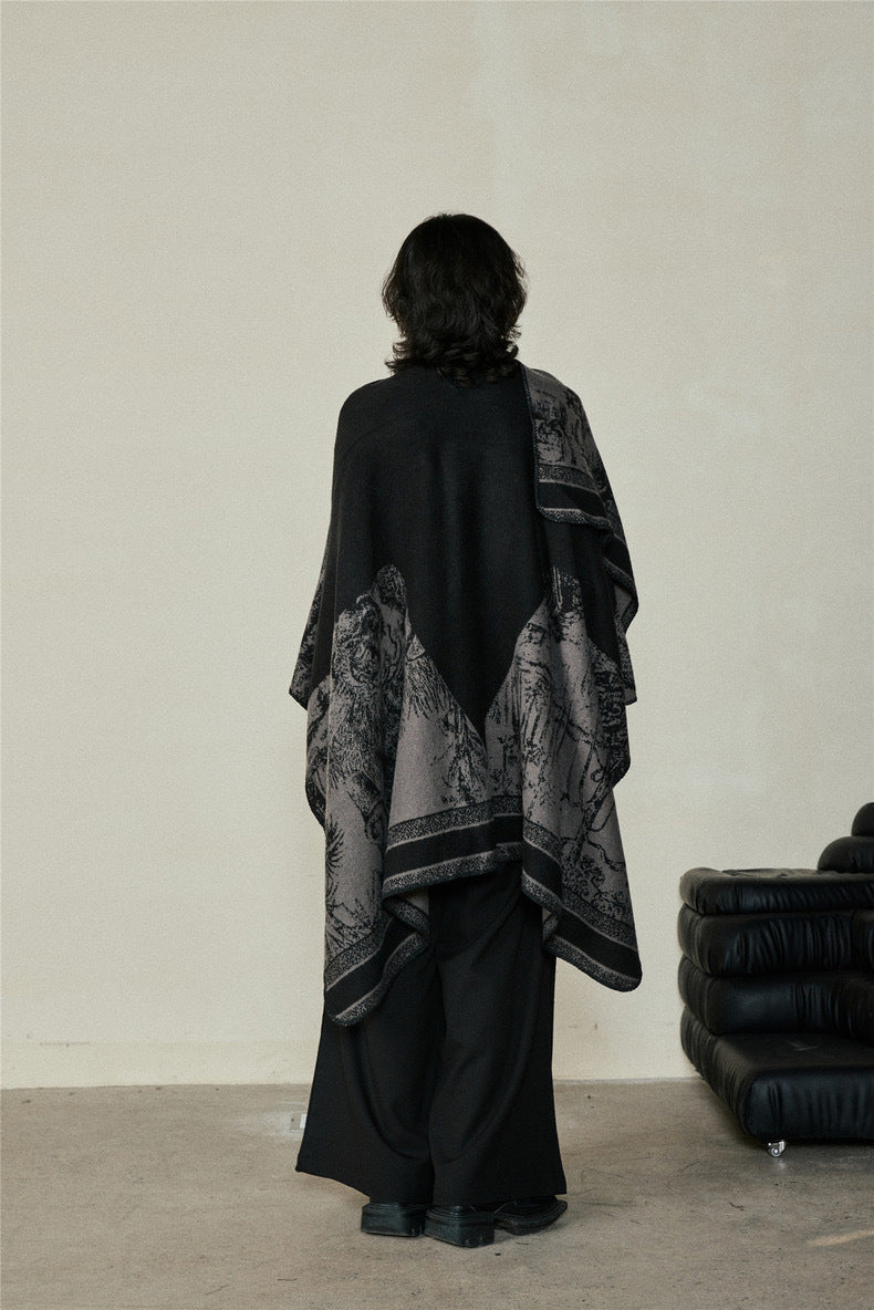 Faux Cashmere Shawl (Qingming Scroll Print) - Black Brown Green, 160*135cm