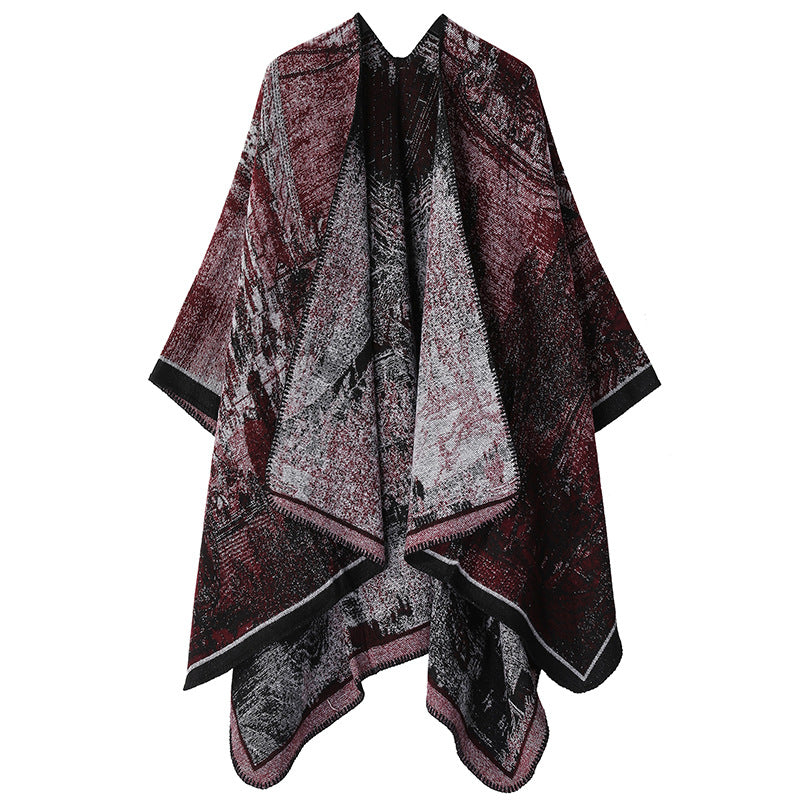 Faux Cashmere Shawl (Qingming Scroll Print) - Black Red, 160*135cm