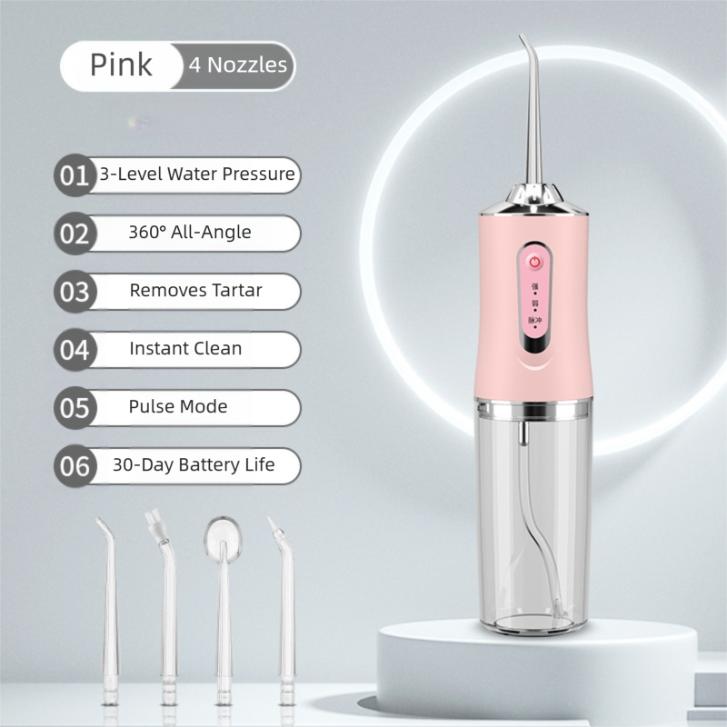 Pink Cordless Water Flosser, USB Rechargeable with 4 Tips