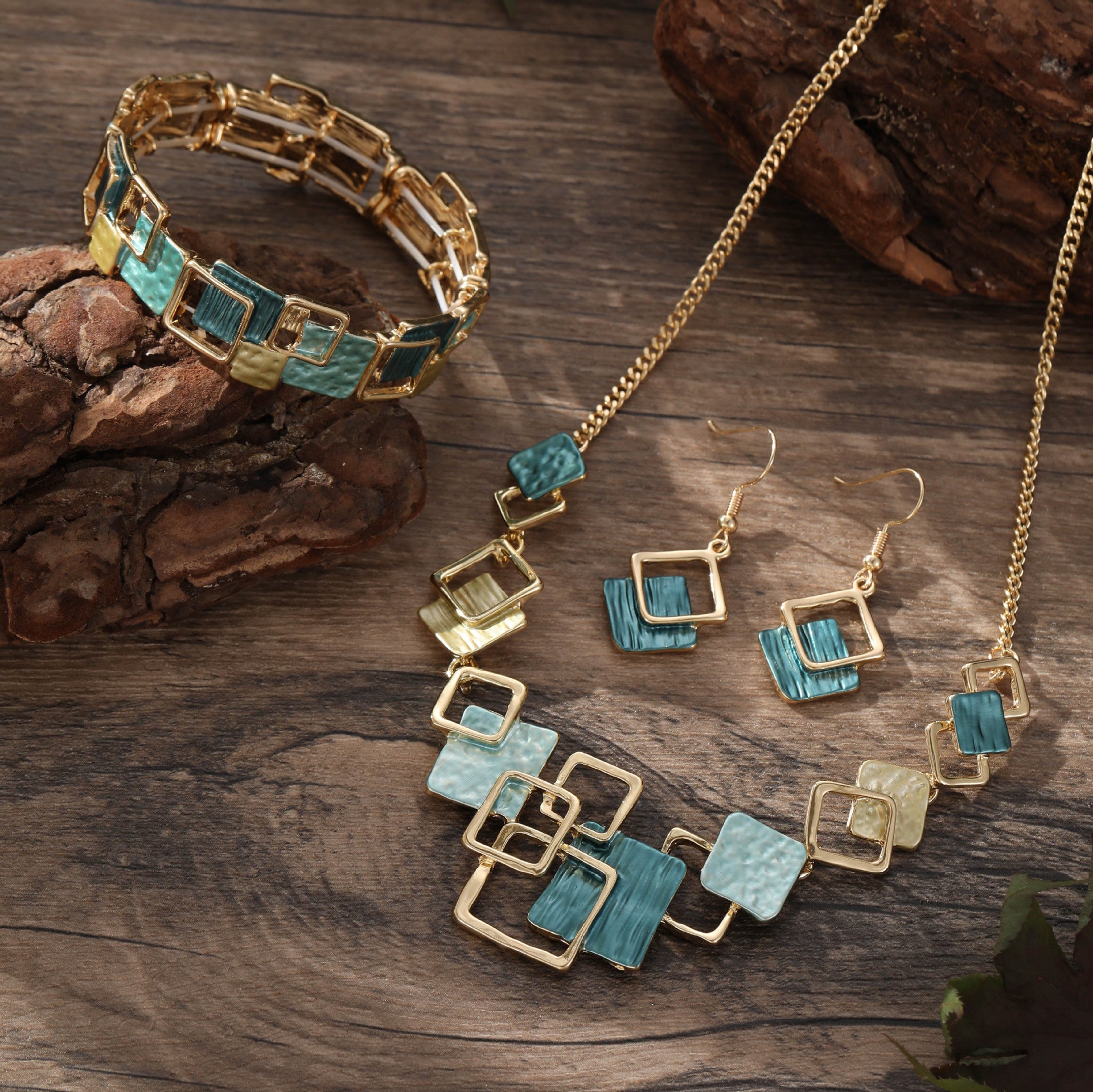 Geometric Inlay Earrings Necklace Bracelet Jewelry Set × 2 – Peacock Green & Light Green