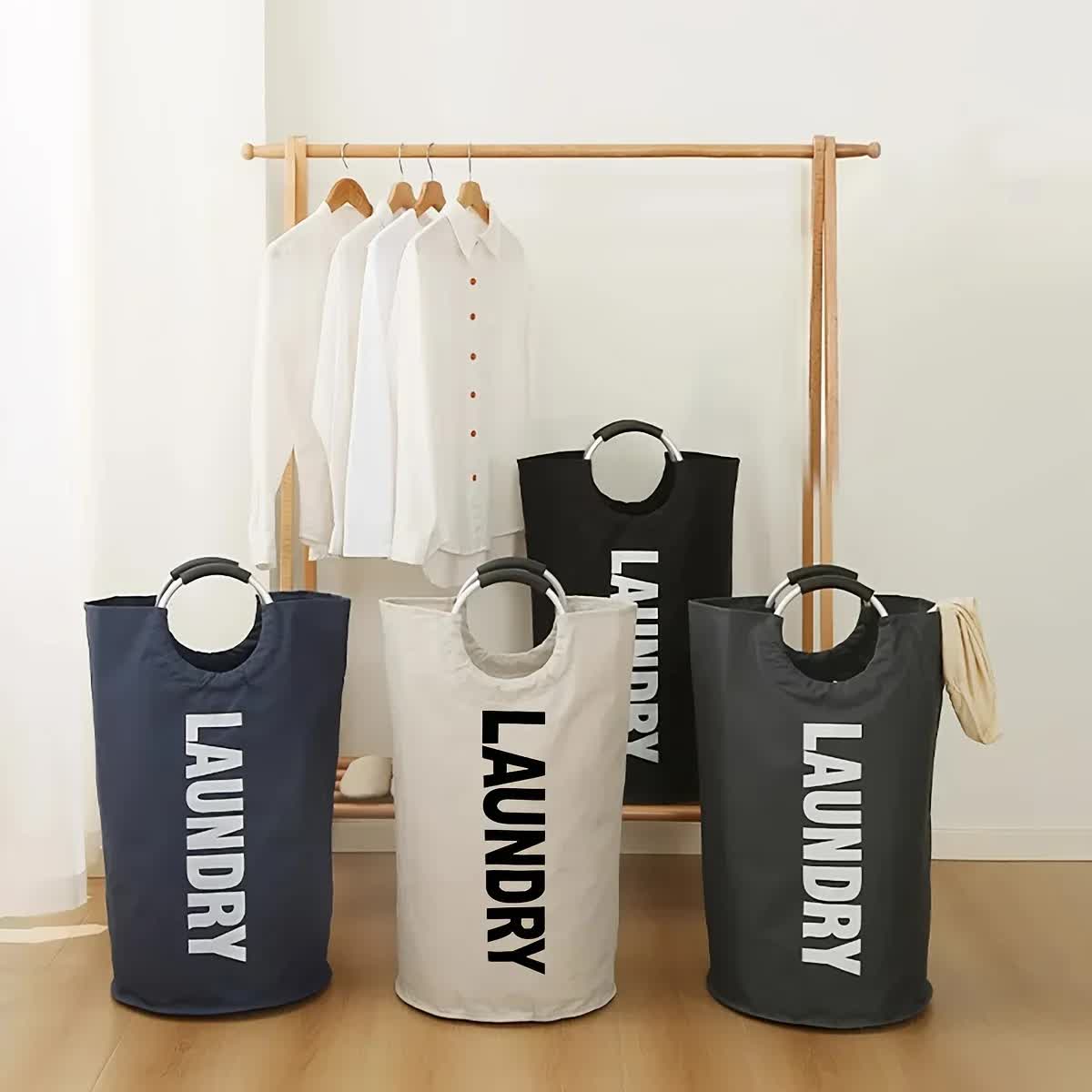 Black Oxford Fabric Large-capacity Foldable Dirty Clothes Basket (38×72CM) - With Waterproof Coating & Aluminum Carry Handles For Laundry Room Dorm