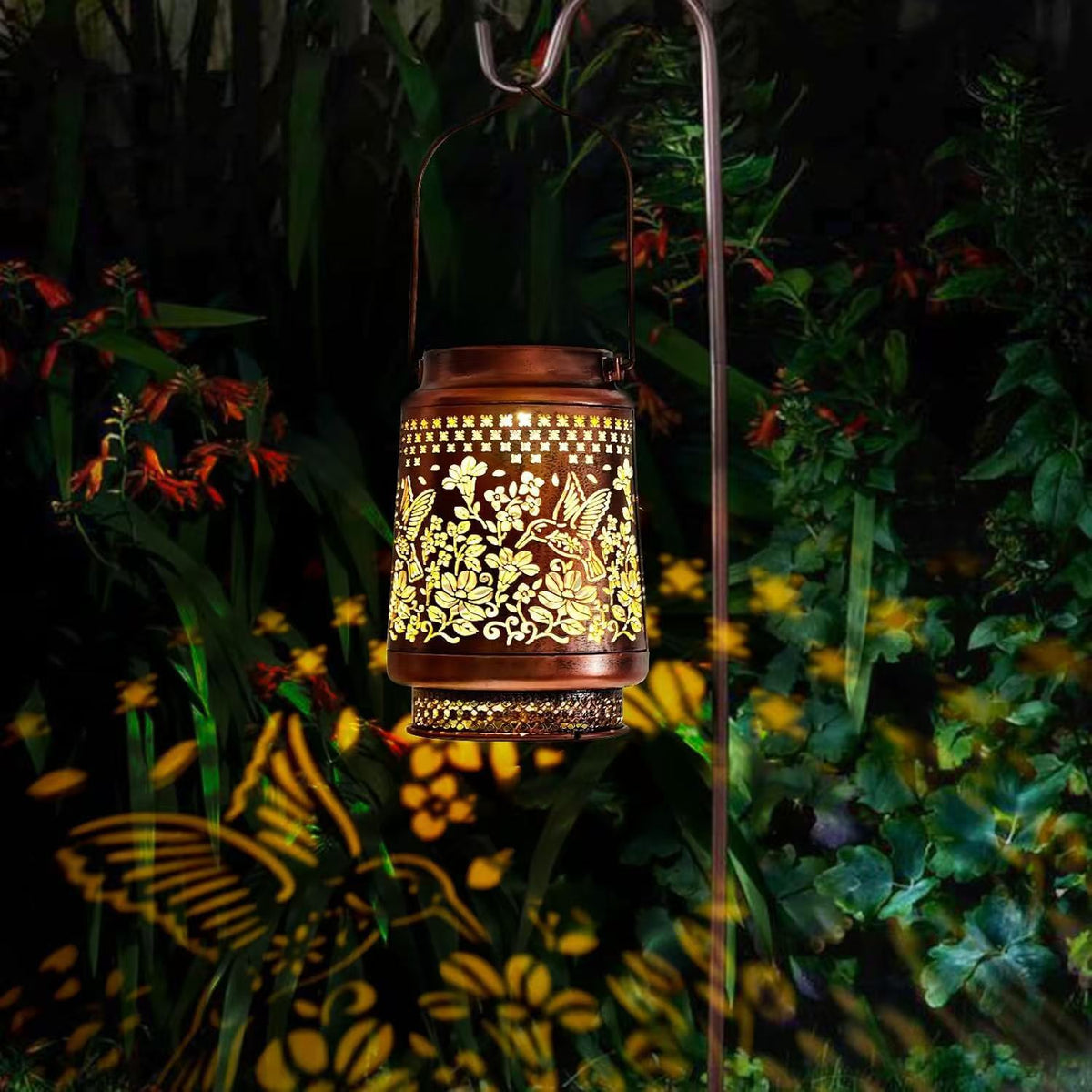 2-Pack Decorative Solar Hummingbird Lantern(11x11x17CM) - Waterproof Hanging Iron Art Outdoor Projection Light for Garden and Patio (Up to 12 Hrs Illumination)