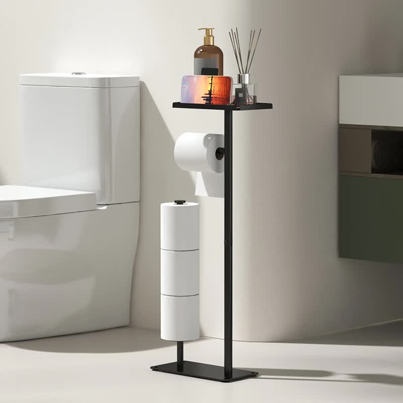 2-in-1 Freestanding Toilet Paper Holder - Thick Carbon Steel with Matte Black Finish, Storage Top and 2 * Paper Roll Holder