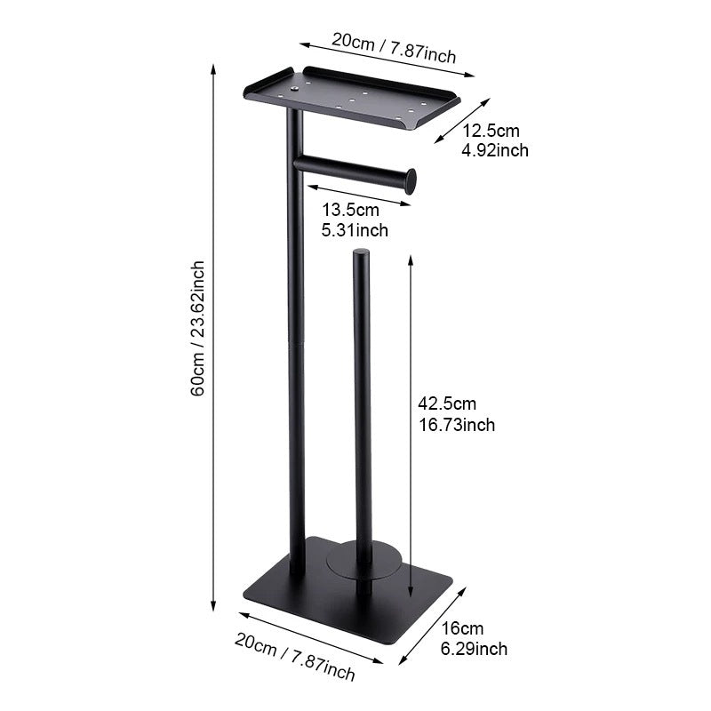 2-in-1 Freestanding Toilet Paper Holder - Thick Carbon Steel with Matte Black Finish, Storage Top and 2 * Paper Roll Holder