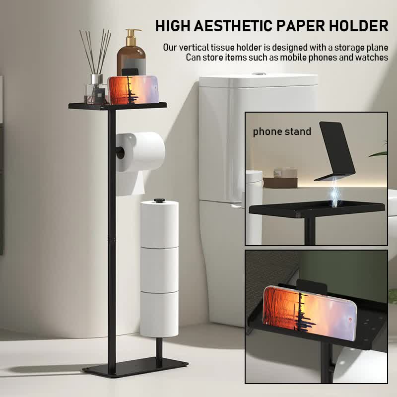 3-in-1 Freestanding Toilet Paper Holder - Thick Carbon Steel with Matte Black Finish, Storage Top, Paper Roll Holder, and Integrated Brush Holder