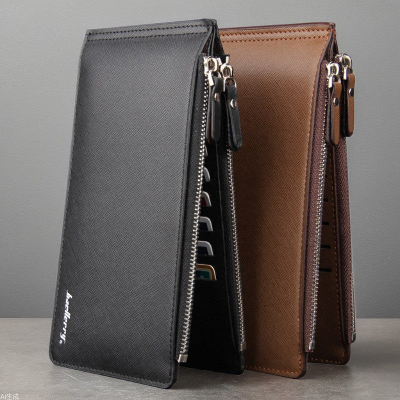 Brown Men's Slim Long Bi-Fold Wallet - Multi-Card Holder & Credit Card Organizer with Coin Pocket, Simple PU Leather Clutch