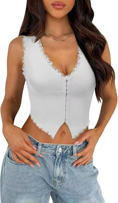 2-Pack White French Vintage Lace Splice Camisole(2XL Size) - Slim Fit Halter Top with Back Detail and Button Placket