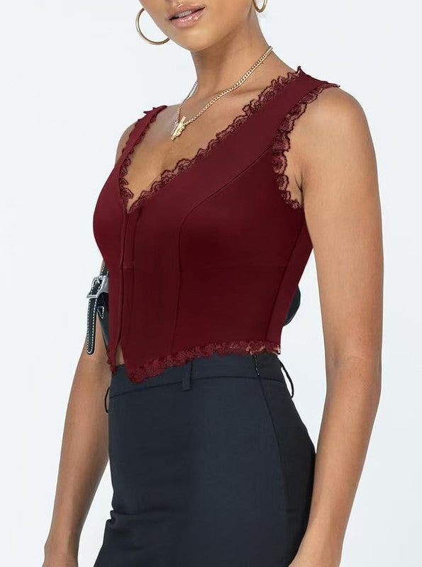 2-Pack Red French Vintage Lace Splice Camisole(L Size) - Slim Fit Halter Top with Back Detail and Button Placket
