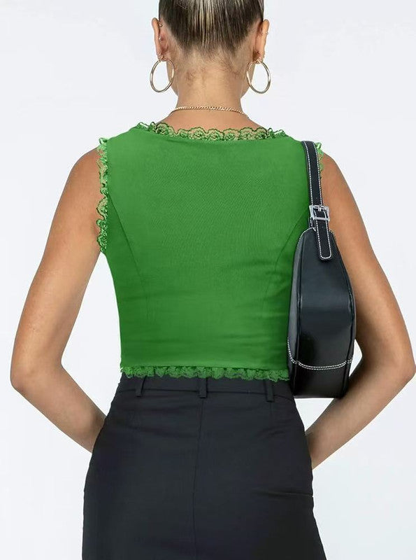 2-Pack Green French Vintage Lace Splice Camisole(M Size) - Slim Fit Halter Top with Back Detail and Button Placket