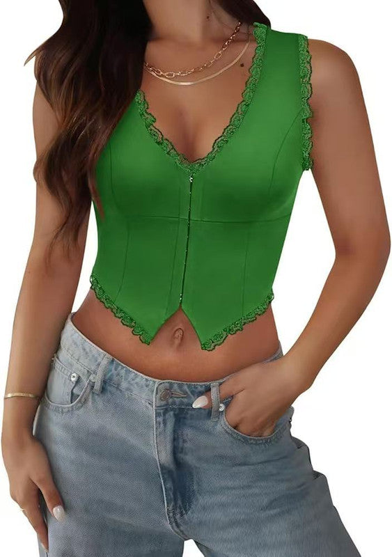 2-Pack Green French Vintage Lace Splice Camisole(XL Size) - Slim Fit Halter Top with Back Detail and Button Placket