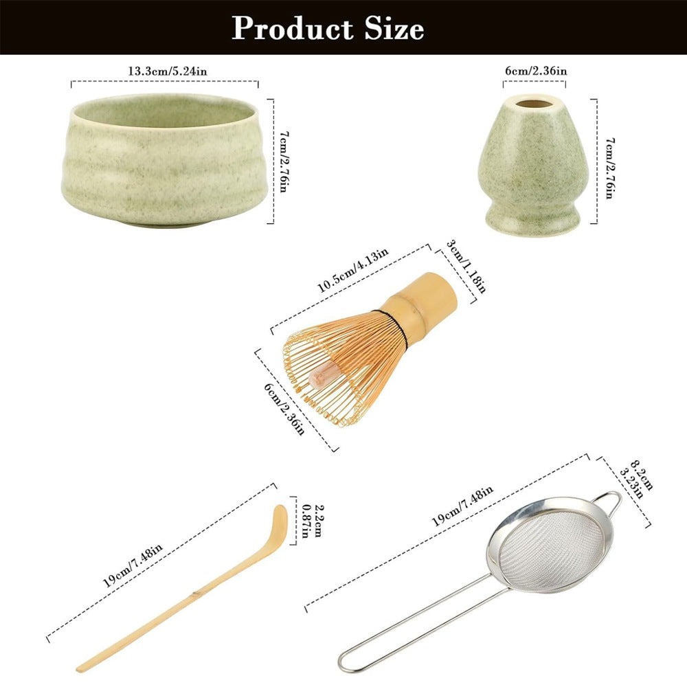 Matcha Color Ceremony 4-Piece Matcha Ceramic Tool Set - Gift Box with Whisk (Chasen), Whisk Holder (Chasen Kuse-Naoshi), Bowl, and Scoop