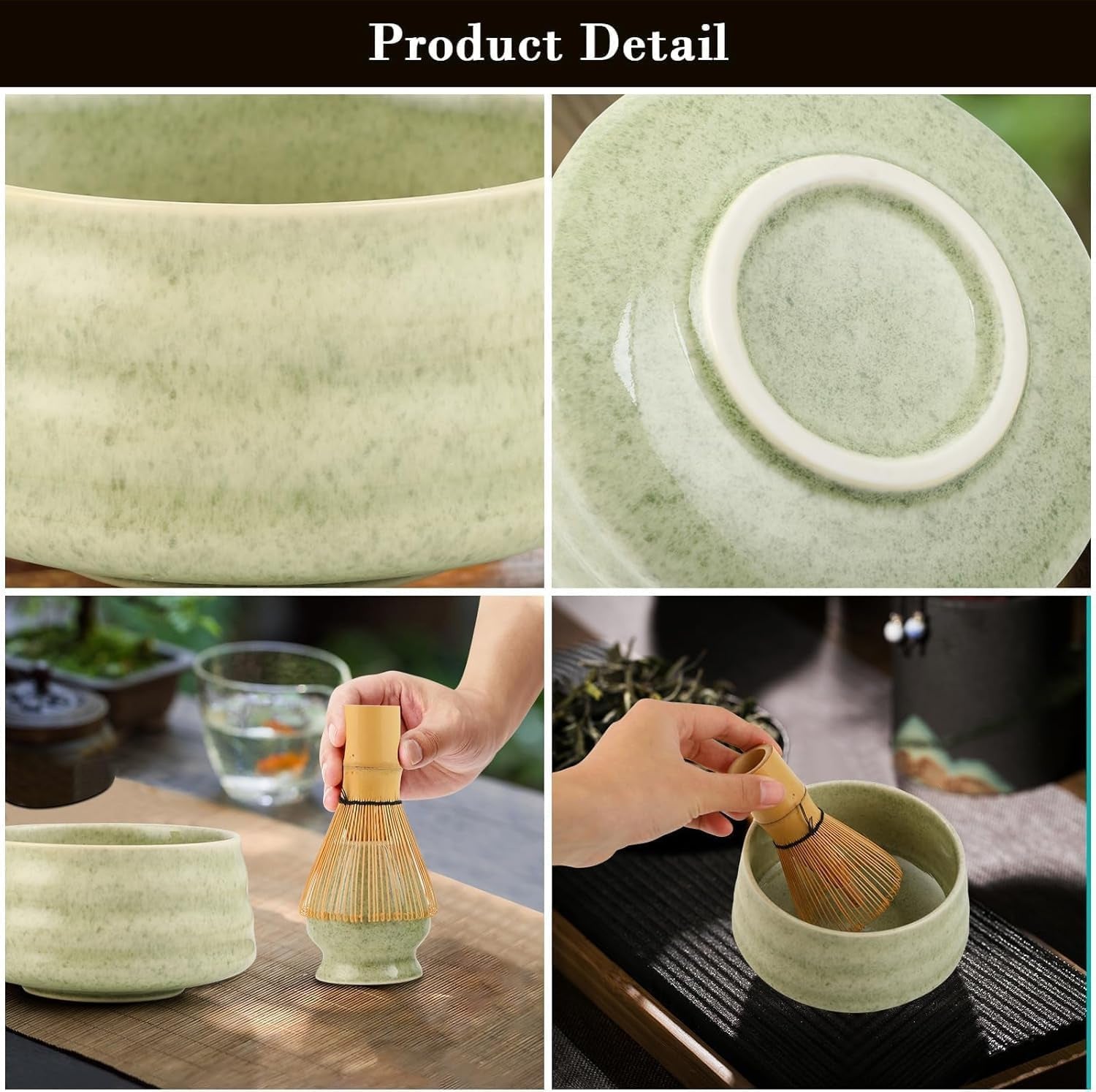Matcha Color Ceremony 4-Piece Matcha Ceramic Tool Set - Gift Box with Whisk (Chasen), Whisk Holder (Chasen Kuse-Naoshi), Bowl, and Scoop