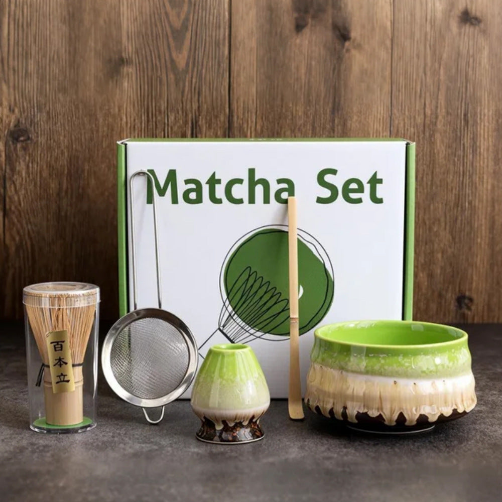 Gradient Green Ceremony 5-Piece Matcha Ceramic Tool Set - Gift Box with Whisk (Chasen), Whisk Holder (Chasen Kuse-Naoshi), Bowl, Sieve, and Scoop