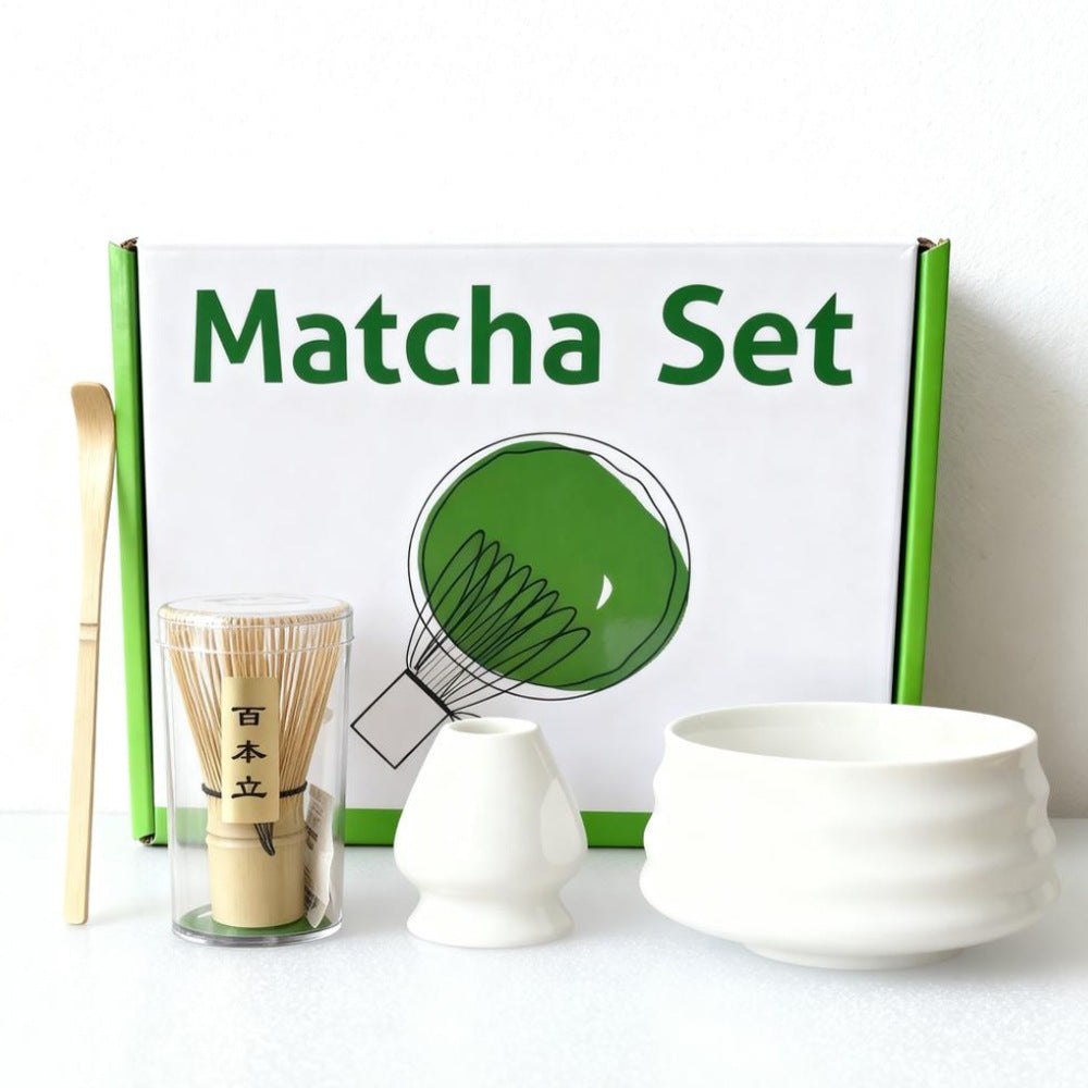 White Ceremony 4-Piece Matcha Ceramic Tool Set - Gift Box with Whisk (Chasen), Whisk Holder (Chasen Kuse-Naoshi), Bowl, and Scoop