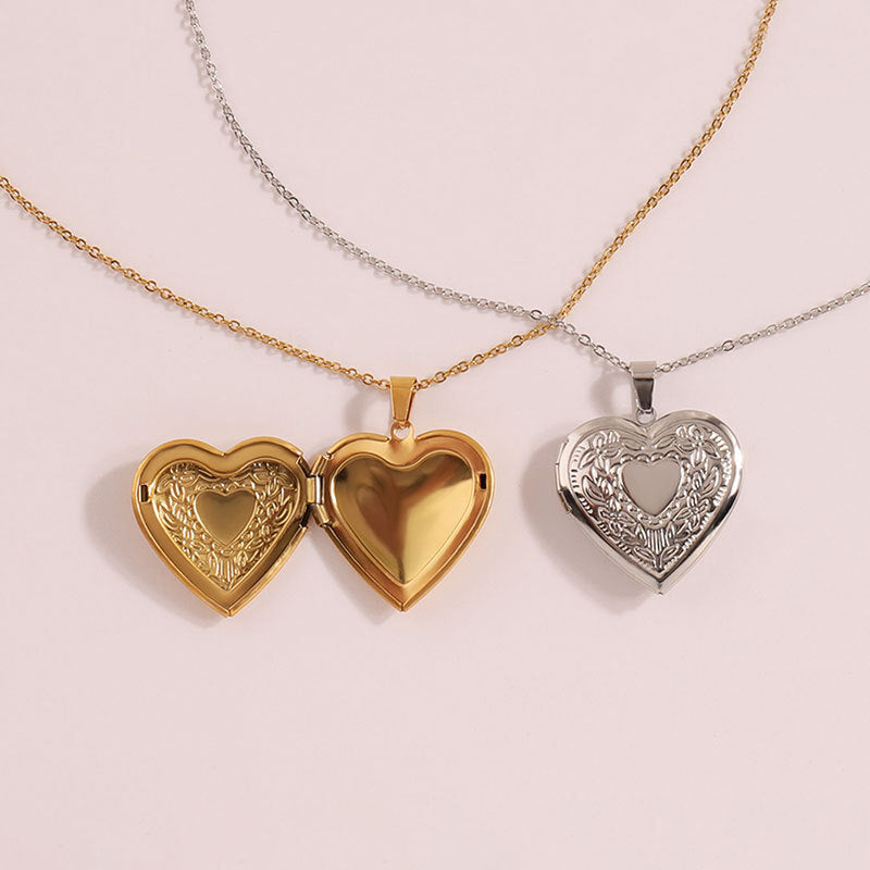 2-Pack Luxury Fading-Resistant Titanium Steel Heart Locket Necklace(Sliver & Gold) - Simple Photo Frame Pendant on Collarbone Chain