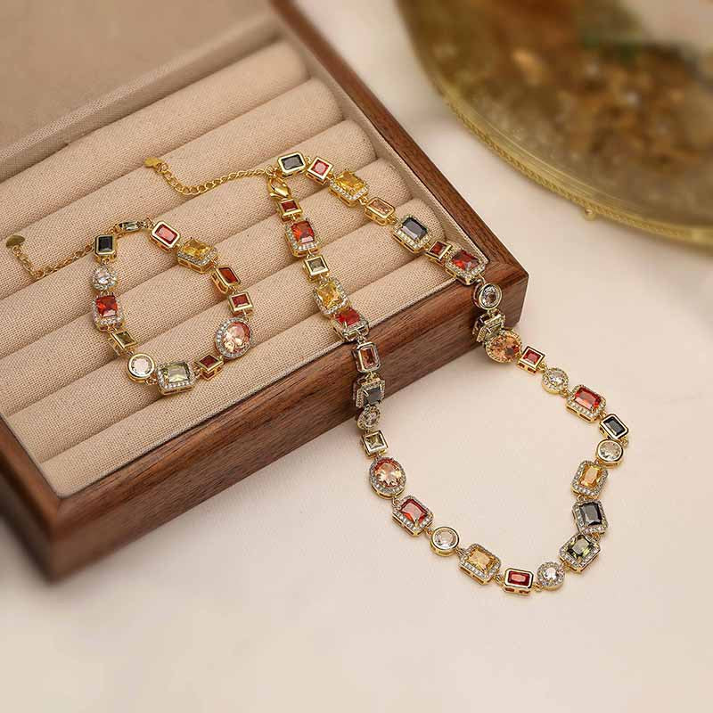 White-Gold Vintage Light Luxury Geometric Colorful Gemstone Choker Necklace (L: 45-50CM) - High-End Palace Style