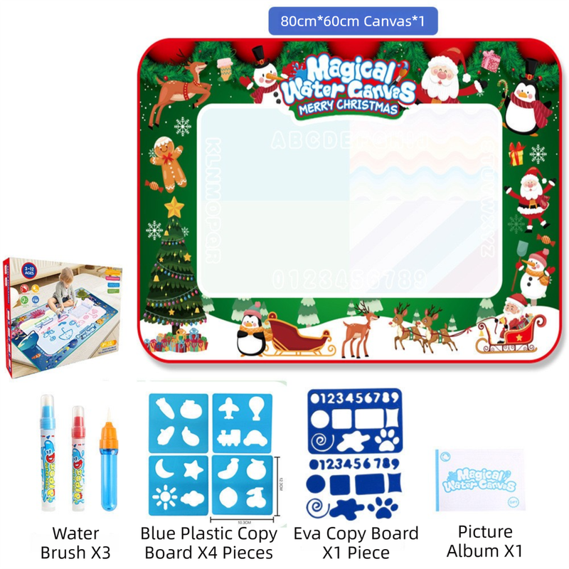 80x60CM Christmas Style Magic Water Doodle Mat Toy | Reusable Aqua Painting Set with 9 Accessories, Mess-Free Water Painting Learning Blanket