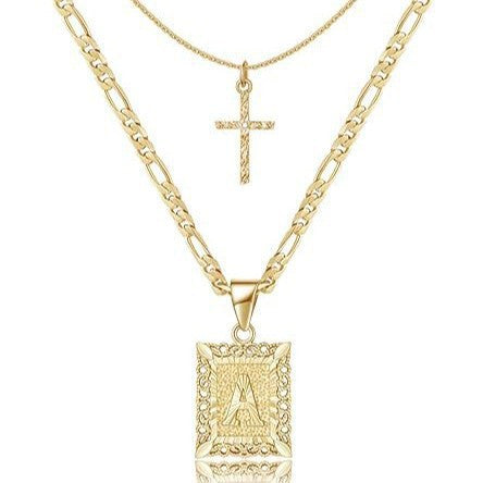 Personalised Copper Adjustable Layered Necklace Set(4PCS) - Custom A-Z Initial Letter Square + Cross Pendant & Double Cross Pendant Stacking Combo
