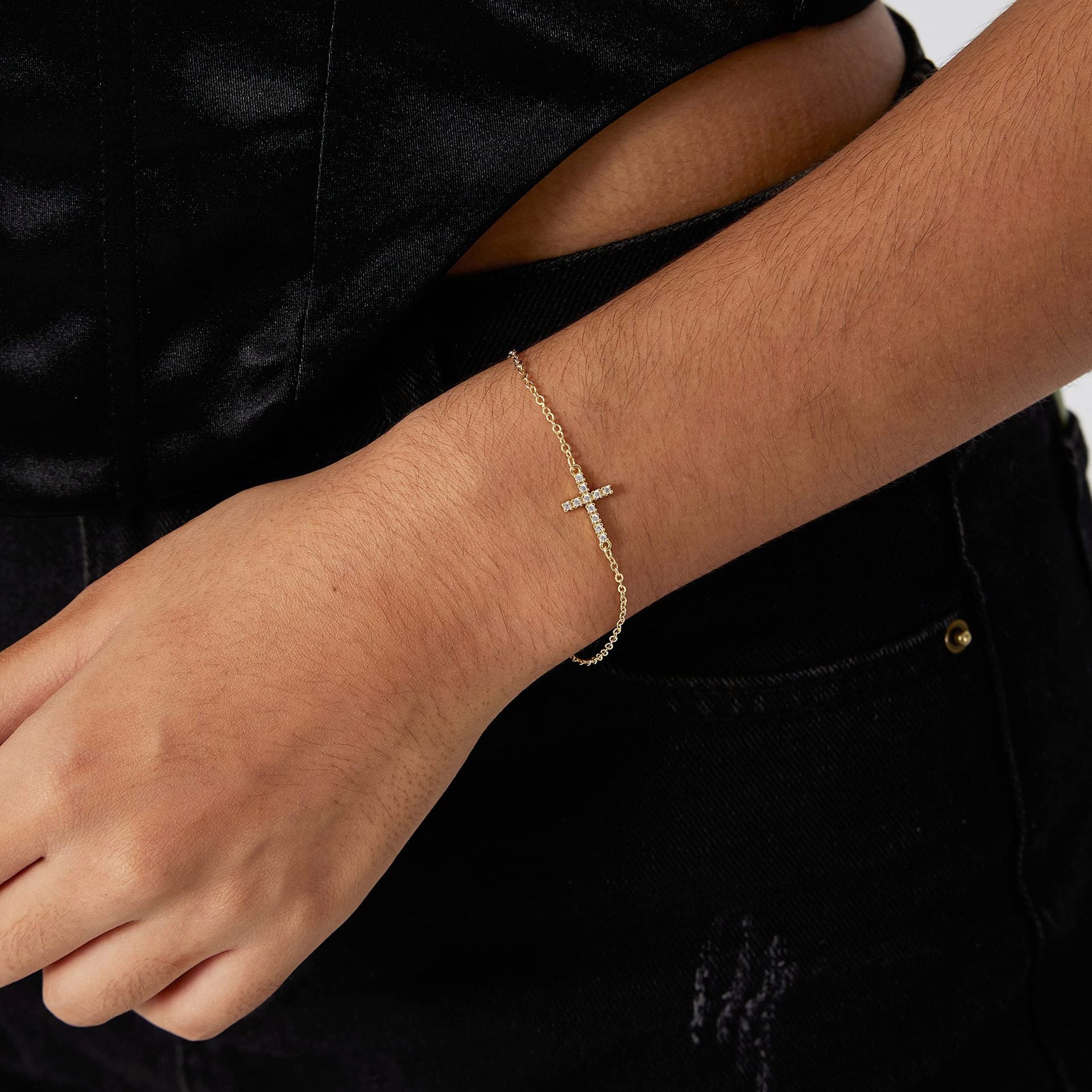 2-Pack Gold Plated Micro-Paved CZ Mini Cross Bracelet - Dainty Adjustable O-Chain Wrist Jewelry(16-21CM)