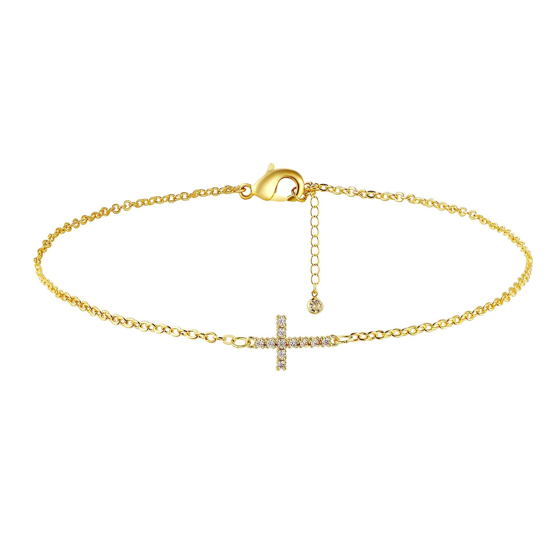 2-Pack Sliver Plated Micro-Paved CZ Mini Cross Bracelet - Dainty Adjustable O-Chain Wrist Jewelry(16-21CM)