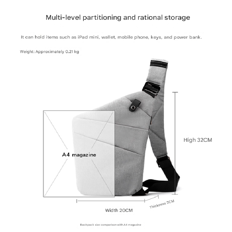 Grey Anti-theft Crossbody Sling Bag for Men & Women - Slim, Lightweight Chest Shoulder Pack for Travel & Daily Commute