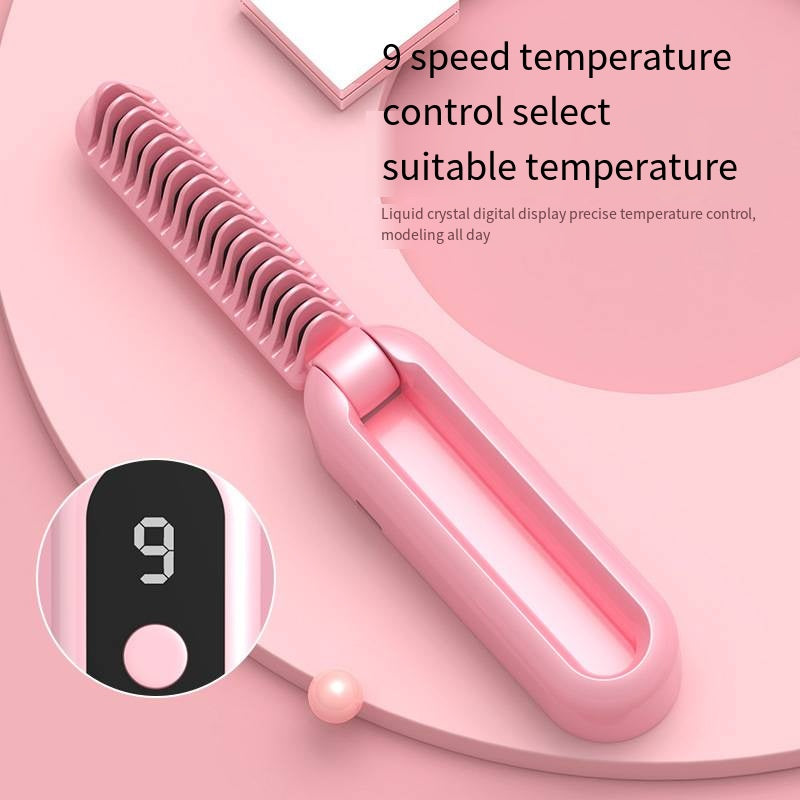 Pink Portable Foldable Cordless Hair Straightener Comb - 2-in-1 Ionic Styling for Smooth, Frizz-Free Hair