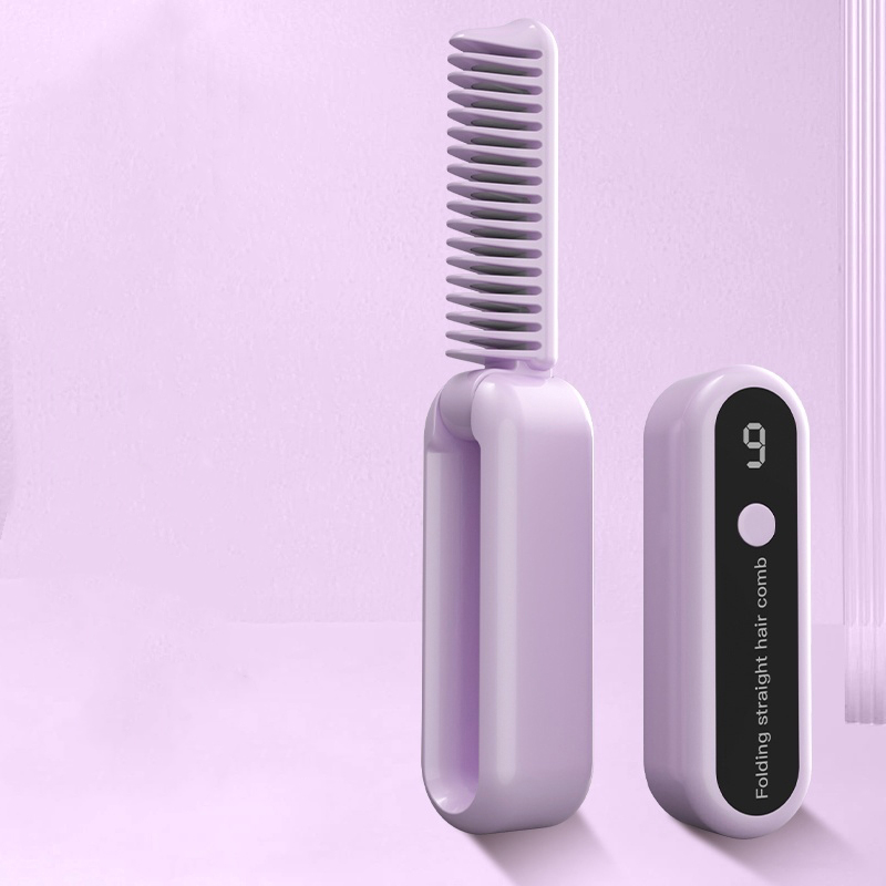 Purple Portable Foldable Cordless Hair Straightener Comb - 2-in-1 Ionic Styling for Smooth, Frizz-Free Hair
