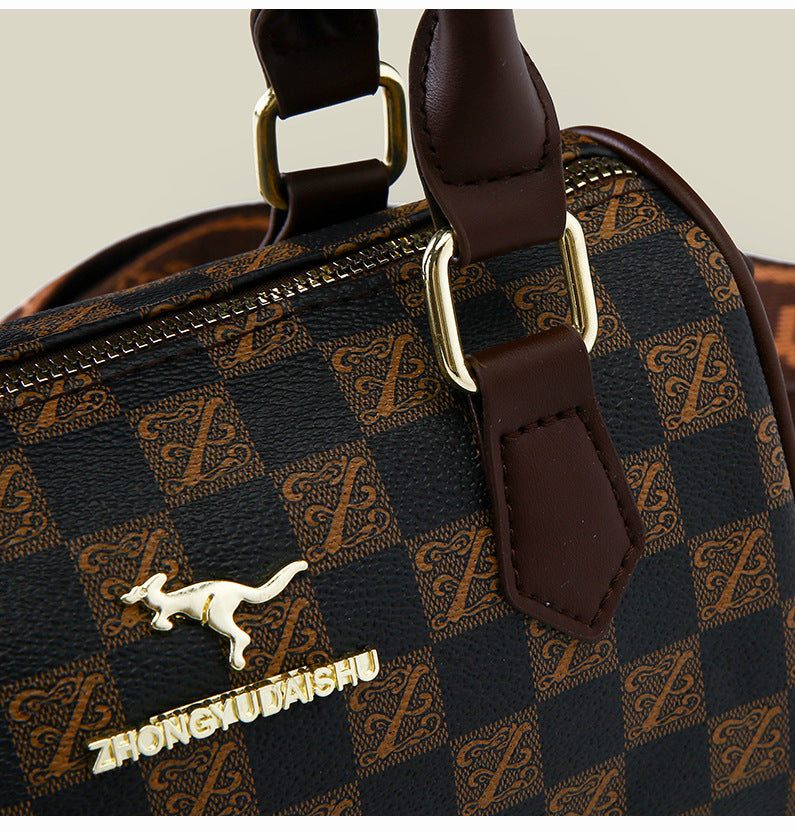 White checkered pattern Stylish PU Leather Boston Bag - Elegant Retro Single Shoulder Crossbody Handbag for Women