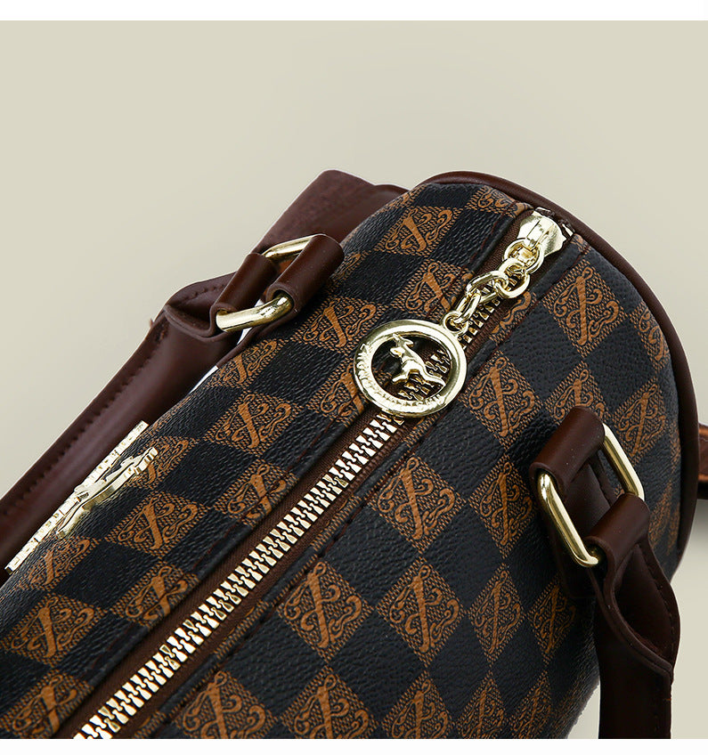 White checkered pattern Stylish PU Leather Boston Bag - Elegant Retro Single Shoulder Crossbody Handbag for Women