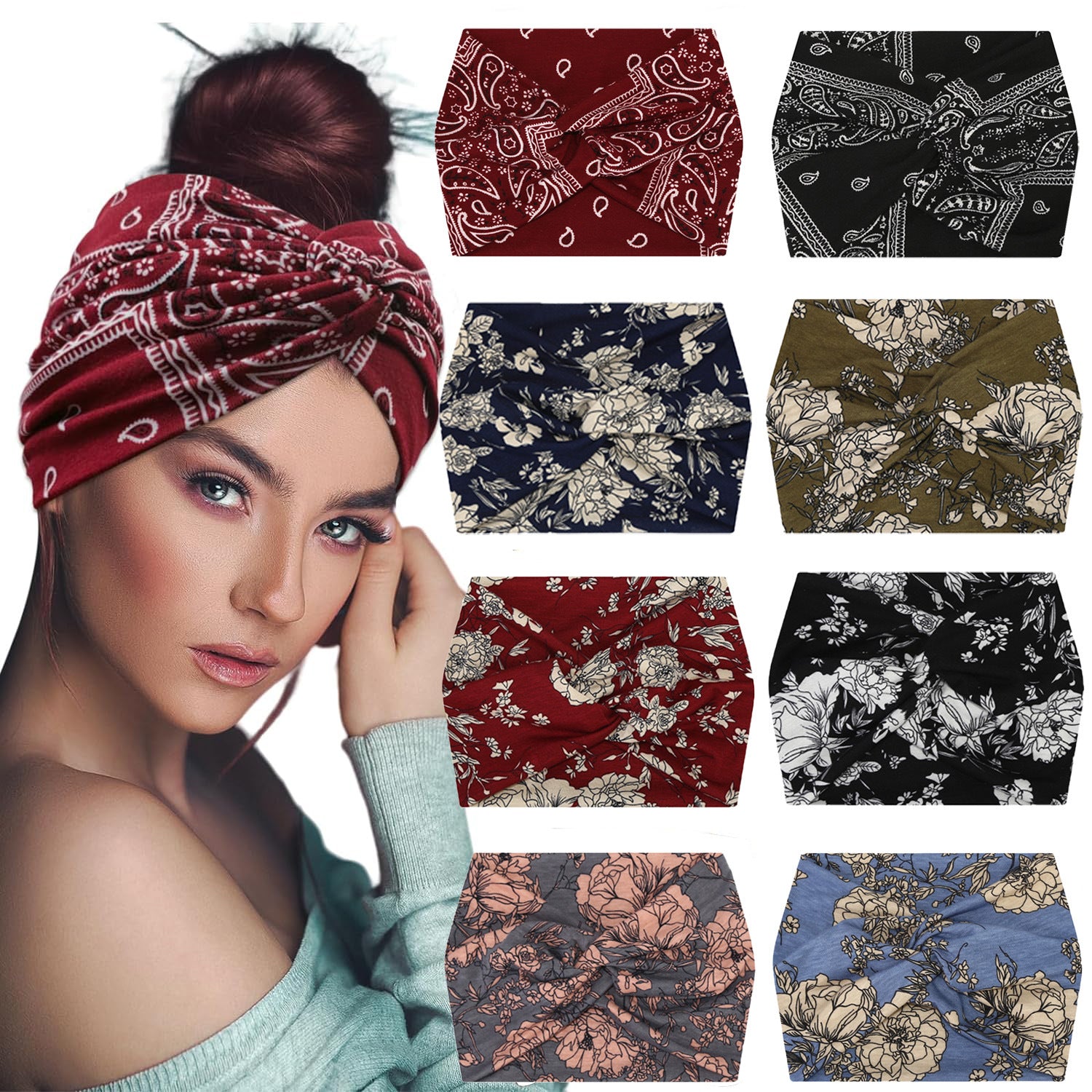 5-PCS Colorful stripes Women's Extra Wide Turban Headband - Elastic Yoga & Sports Hair Wrap
