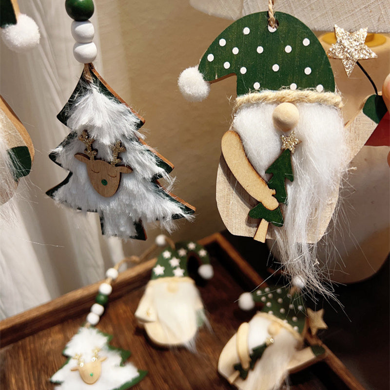 3-PCS The old man with green dots Christmas Ornaments Hanging Pendants Nordic Style Gnomes and Reindeer with Faux Fur and Beads for Xmas Tree Home Party Decoration