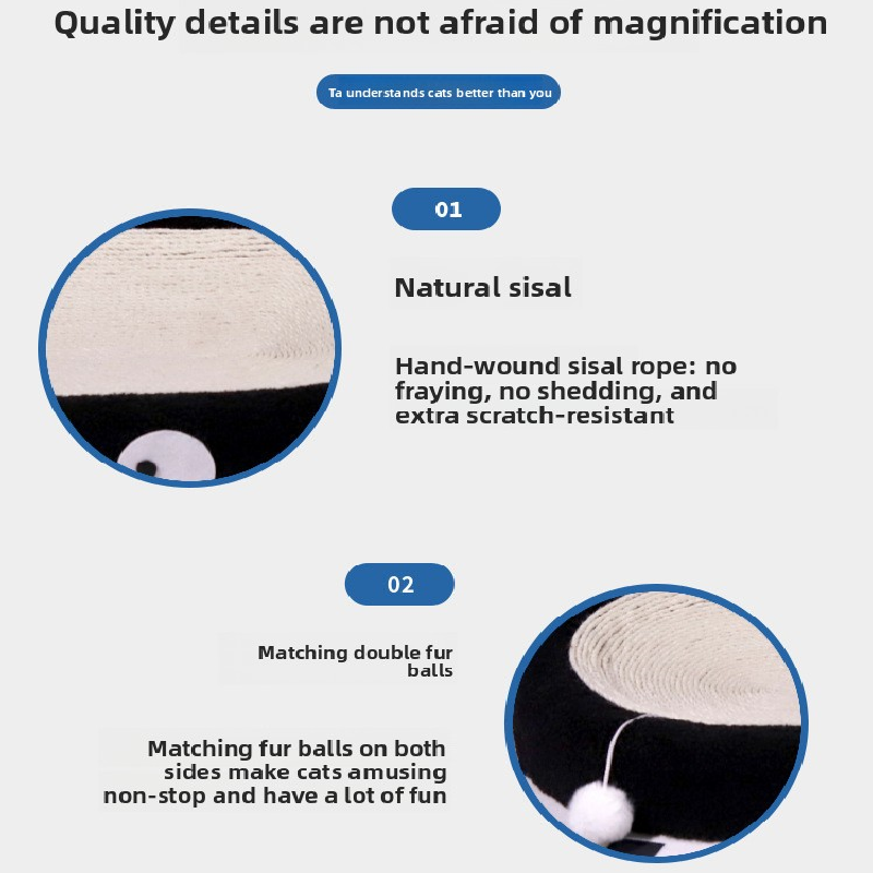 Oval-shaped black coal balls Large Cat Scratcher Bed 2 in 1 Sisal Scratching Pad & Plush Lounge Nest Durable Claw Grinder Mat for Indoor Cats