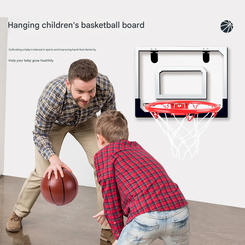 Indoor mini basketball hoop with one 14cm ball Folds flat for door mounting Spring-loaded action with detachable basket Transparent backboard Fun for children and adults in home offices