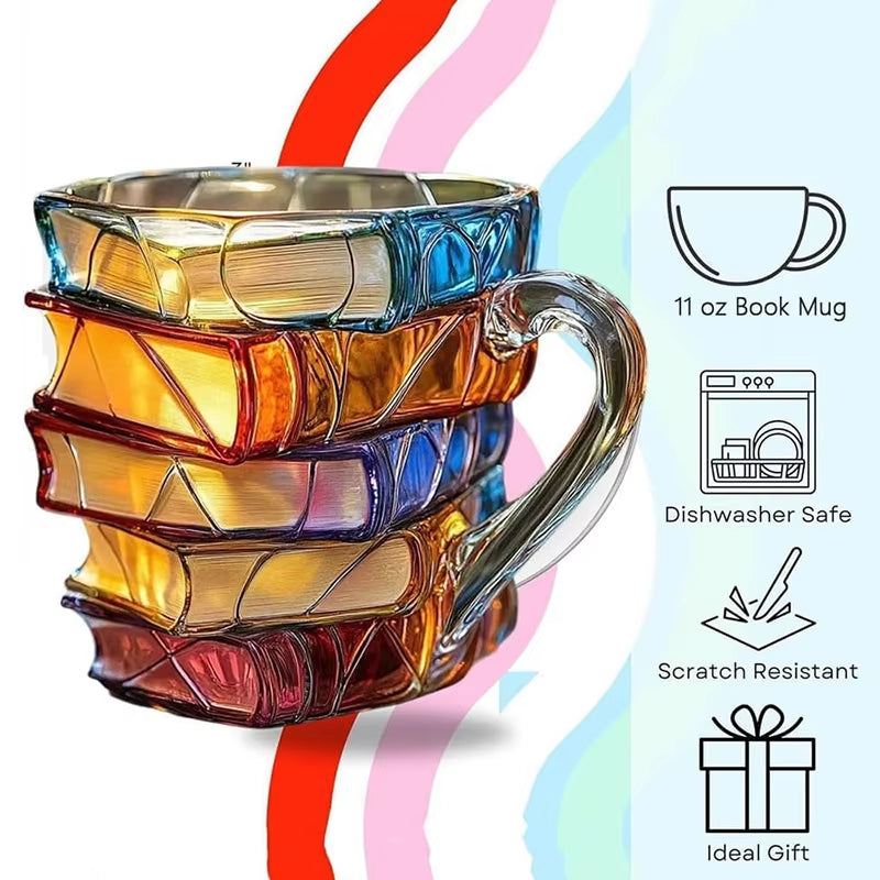 3D Book Stack Resin Mug with Spoon Creative Library Bookshelf Design Coffee Cup Unique Gift for Book Lovers and Writers(style I)
