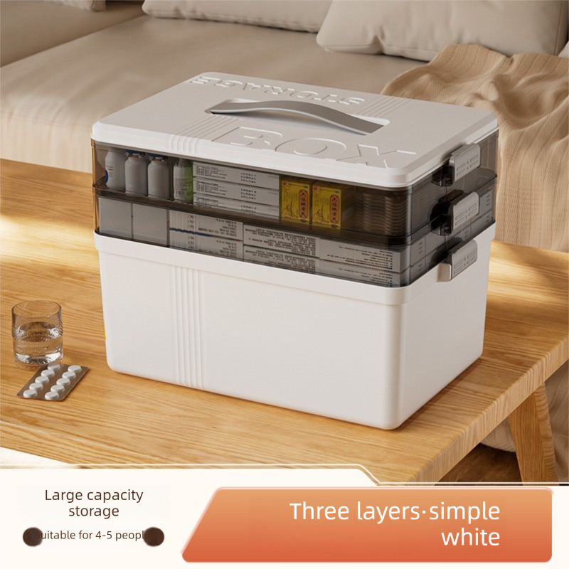 Grayish-white Large 3 Layer Medicine Storage Box Portable First Aid Kit Organiser with Handle Multi Compartment Container for Family Home Use