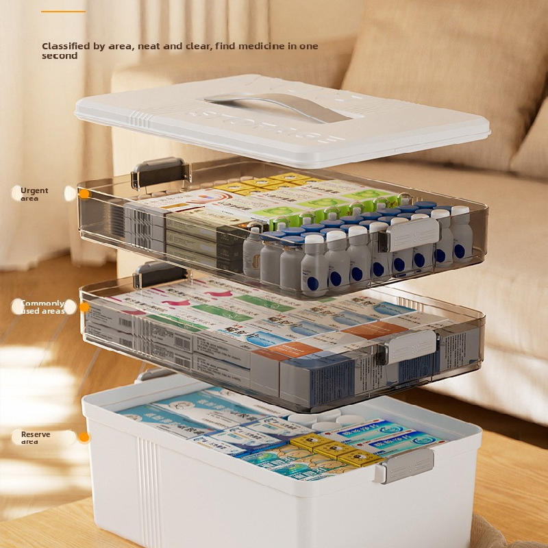 Cream white Large 3 Layer Medicine Storage Box Portable First Aid Kit Organiser with Handle Multi Compartment Container for Family Home Use