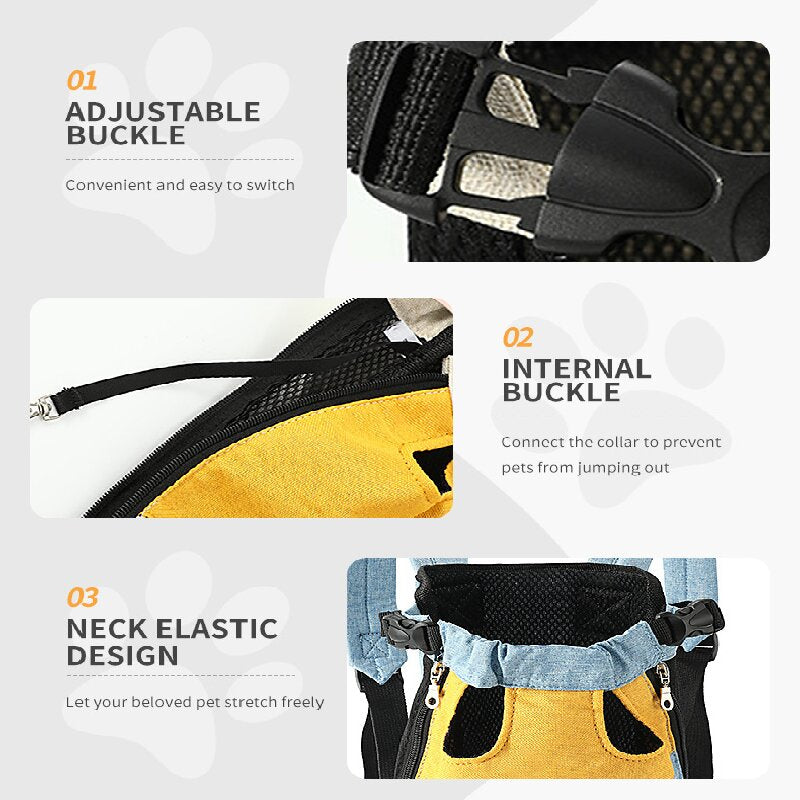 Yellow denim blue Pet Carrier Backpack Front Chest Pack Legs Out Breathable Mesh for Small Dogs Cats Hiking Travel Hands Free Adjustable Design(Size:M)