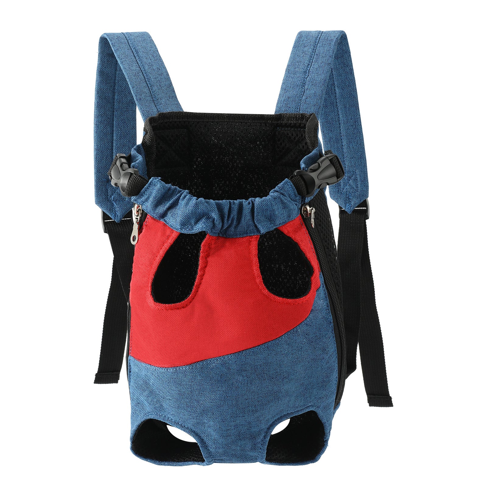 Red denim blue Pet Carrier Backpack Front Chest Pack Legs Out Breathable Mesh for Small Dogs Cats Hiking Travel Hands Free Adjustable Design(Size:M)