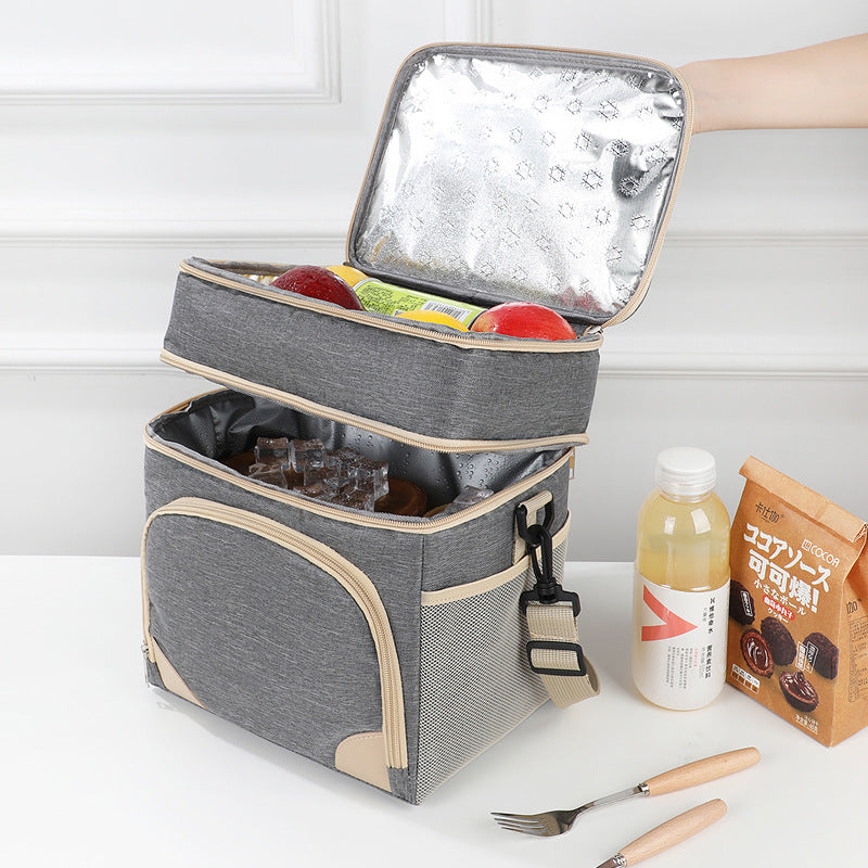 Grey Dual Layer Insulated Lunch Bag 12L Large Capacity Cooler Tote with Adjustable Strap Leakproof Thermal Food Carrier for Work Picnic and Camping