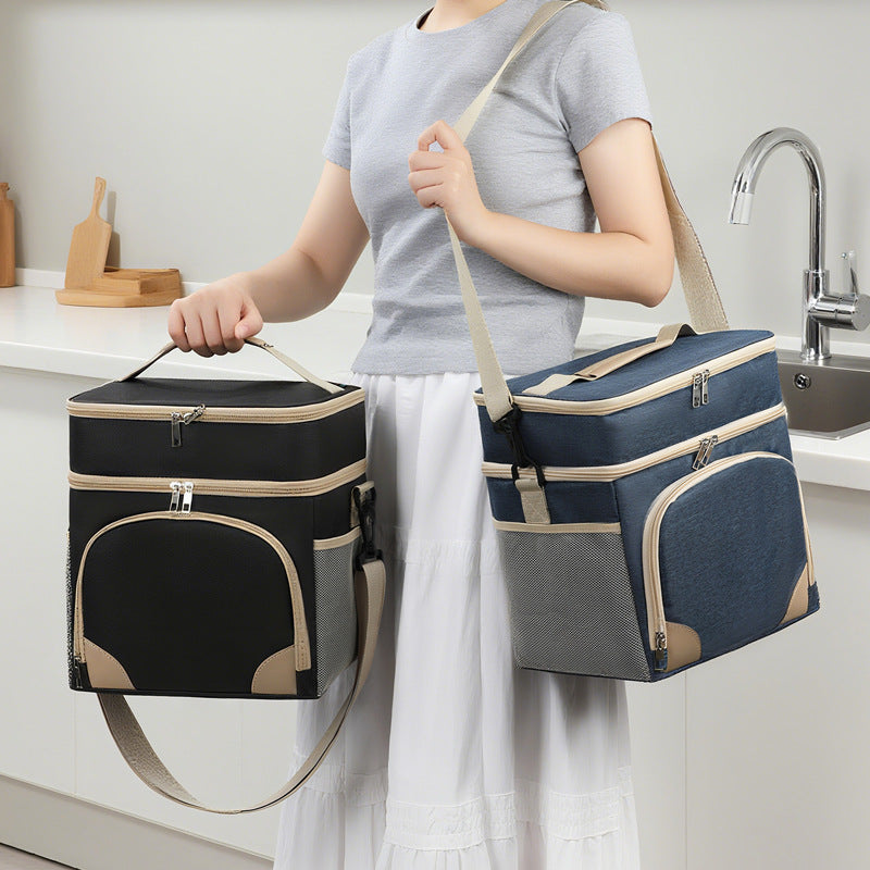 Grey Dual Layer Insulated Lunch Bag 12L Large Capacity Cooler Tote with Adjustable Strap Leakproof Thermal Food Carrier for Work Picnic and Camping