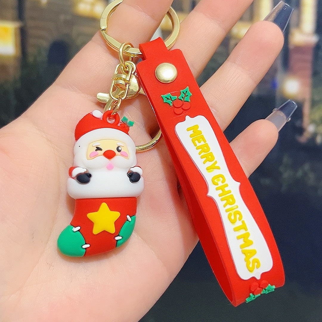 6PCS Christmas Silicone Keychain Cute Santa Snowman Bag Charm Festive Keyring for Kris Kringle Gifts