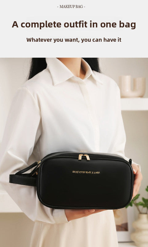 Black Large Capacity PU Leather Makeup Bag Dual Zipper Cosmetic Case Waterproof Travel Toiletry Organiser with Brush Compartment