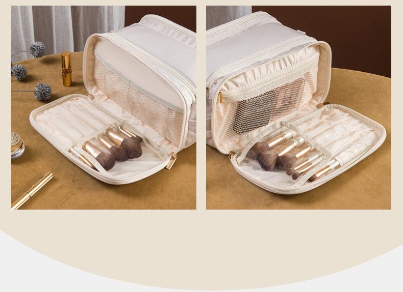 White Large Capacity PU Leather Makeup Bag Dual Zipper Cosmetic Case Waterproof Travel Toiletry Organiser with Brush Compartment