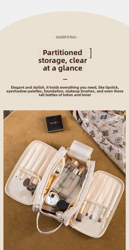 White Large Capacity PU Leather Makeup Bag Dual Zipper Cosmetic Case Waterproof Travel Toiletry Organiser with Brush Compartment