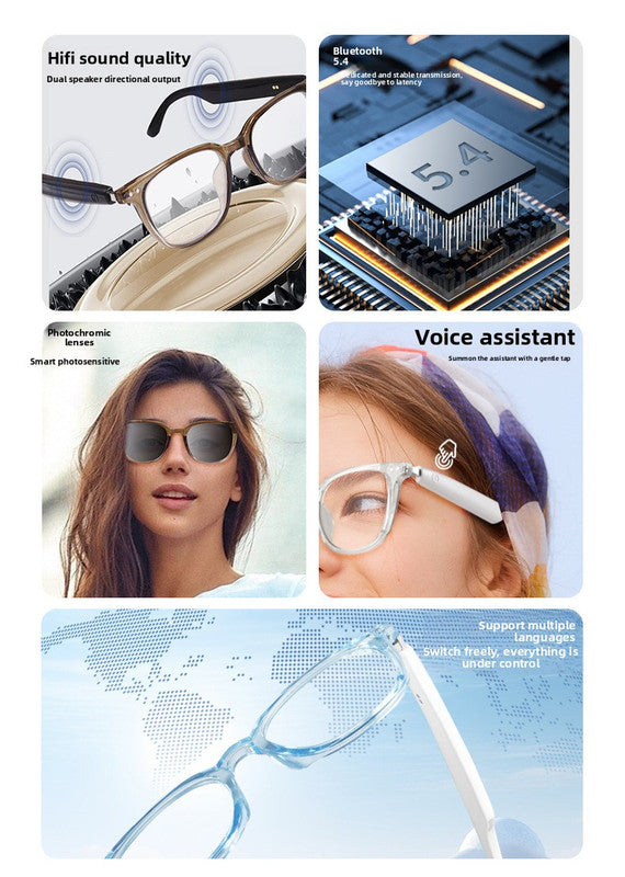 Blue Smart Audio Glasses with Photochromic Anti-Blue Light Lenses Open-Ear Bluetooth 5.4 Headset Hands-Free Calling & Music