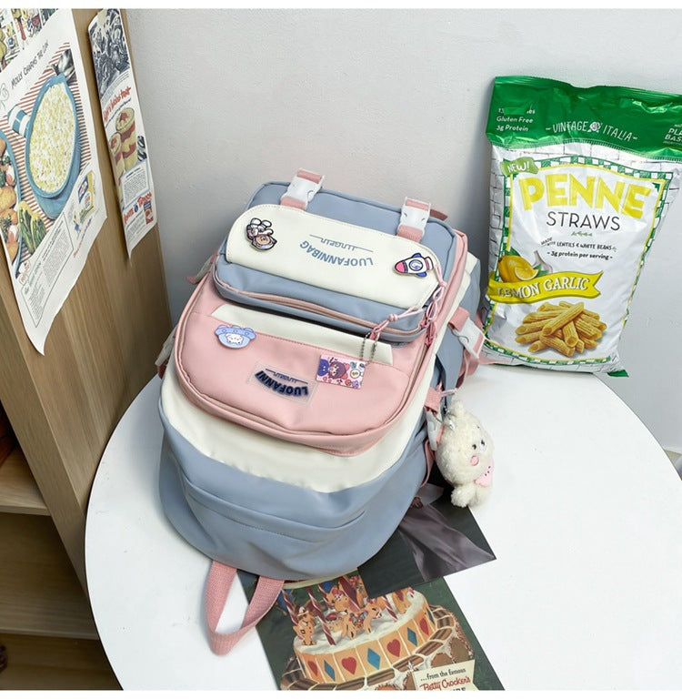 Women's Large Aesthetic School Backpack Black Nylon Daypack with Cute Bear Plushie & Pins For High School and University